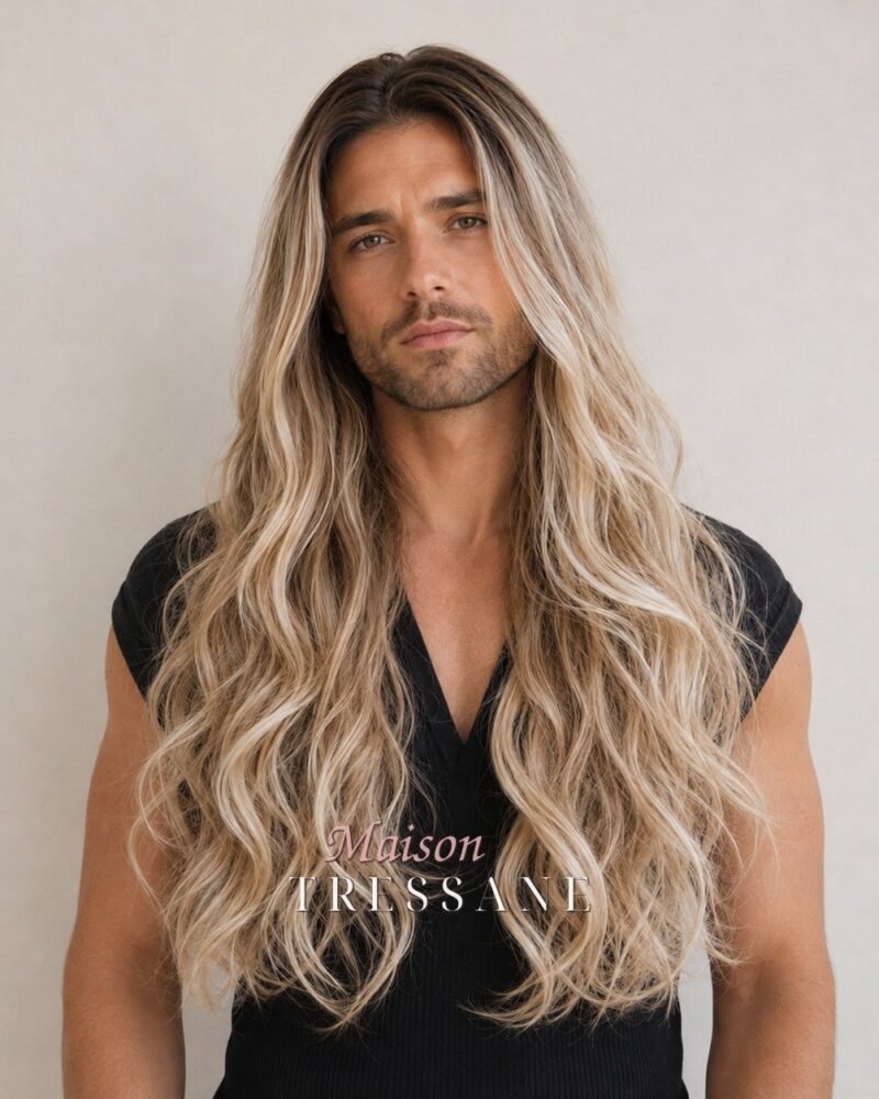 Perruque blond balayage 60 cm, ondulée — lace front