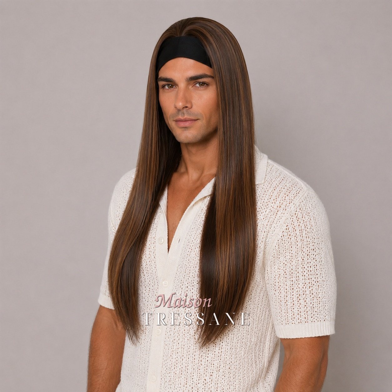 Perruque brun 61 cm — serre-tête, lisse — lace front