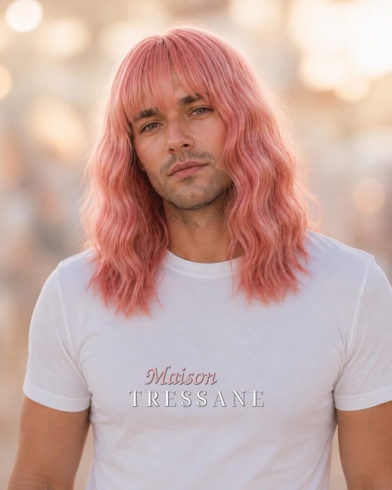 Perruque rose 35 cm — carré, ondulée — bonnet réglable 53-60 cm