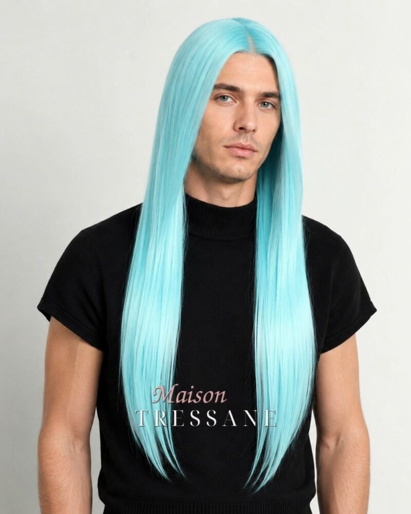 Perruque bleu 60 cm, lisse — lace front