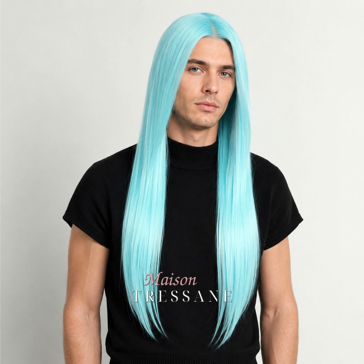 Perruque bleu 60 cm, lisse — lace front