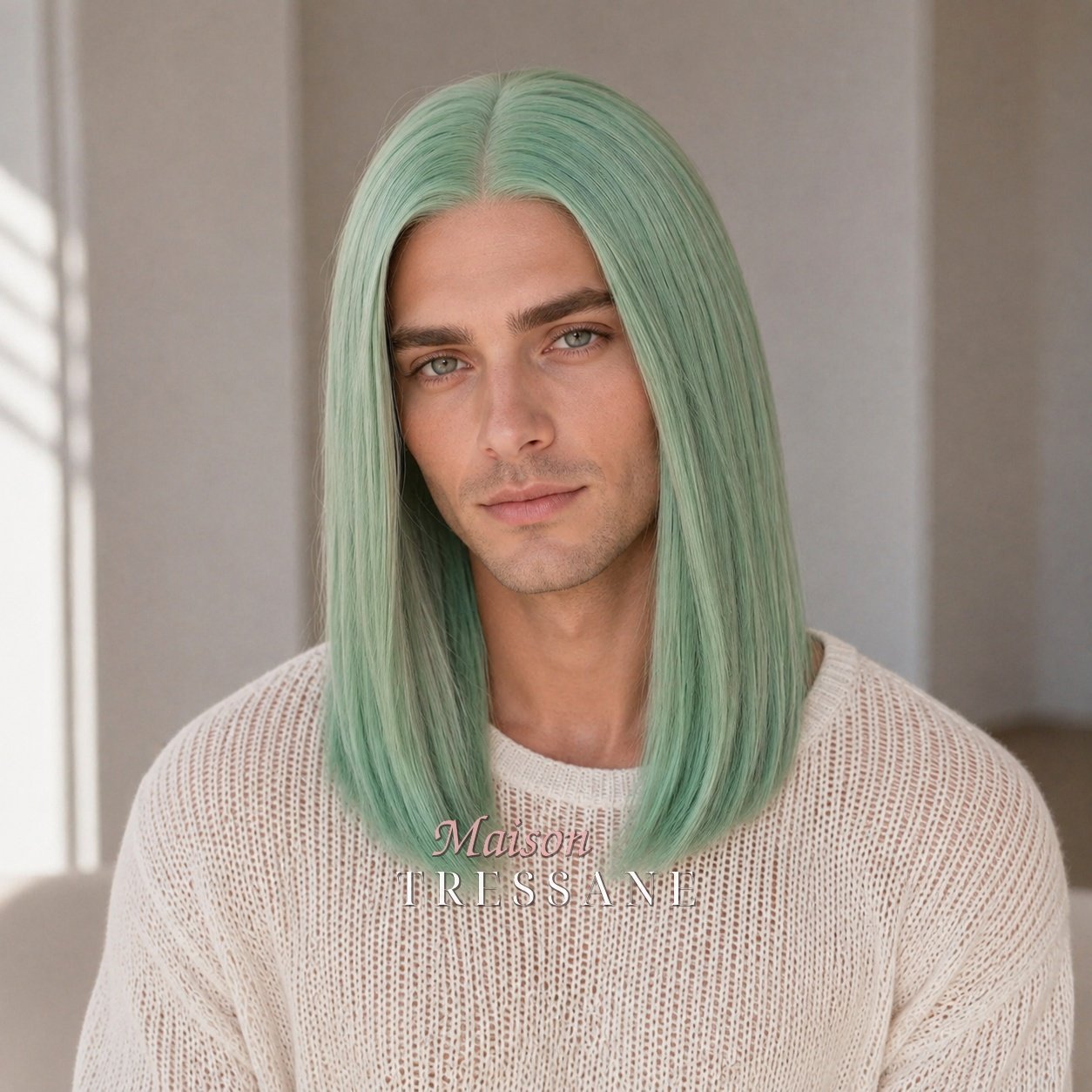 Perruque vert menthe lisse 40 cm — lace front