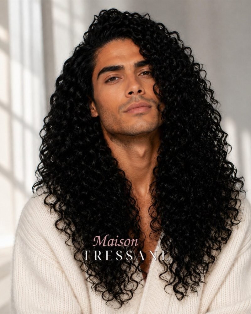 Perruque homme 50 cm — noir bouclée — lace front — Maison Tressane