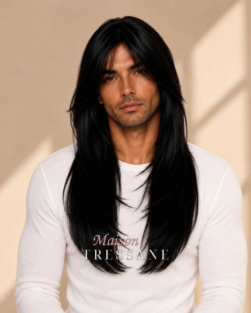 Perruque 55 cm — noir lisse — bonnet réglable 53-60 cm