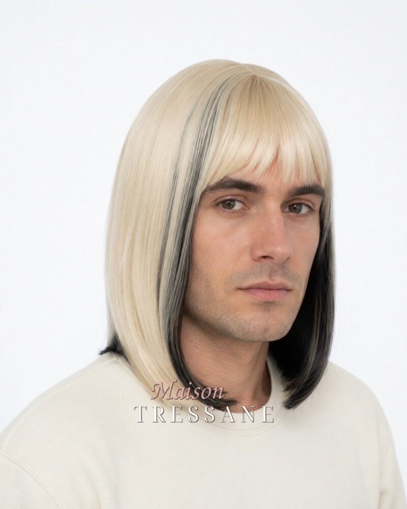 Perruque homme blond à mèches noires 30 cm, lisse — bonnet réglable 53-60 cm — Maison Tressane