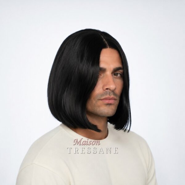 Perruque homme carré noir lisse 25 cm — lace T, bonnet réglable 53-60 cm — Maison Tressane