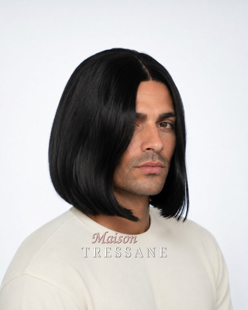 Perruque homme carré noir lisse 25 cm — lace T, bonnet réglable 53-60 cm — Maison Tressane