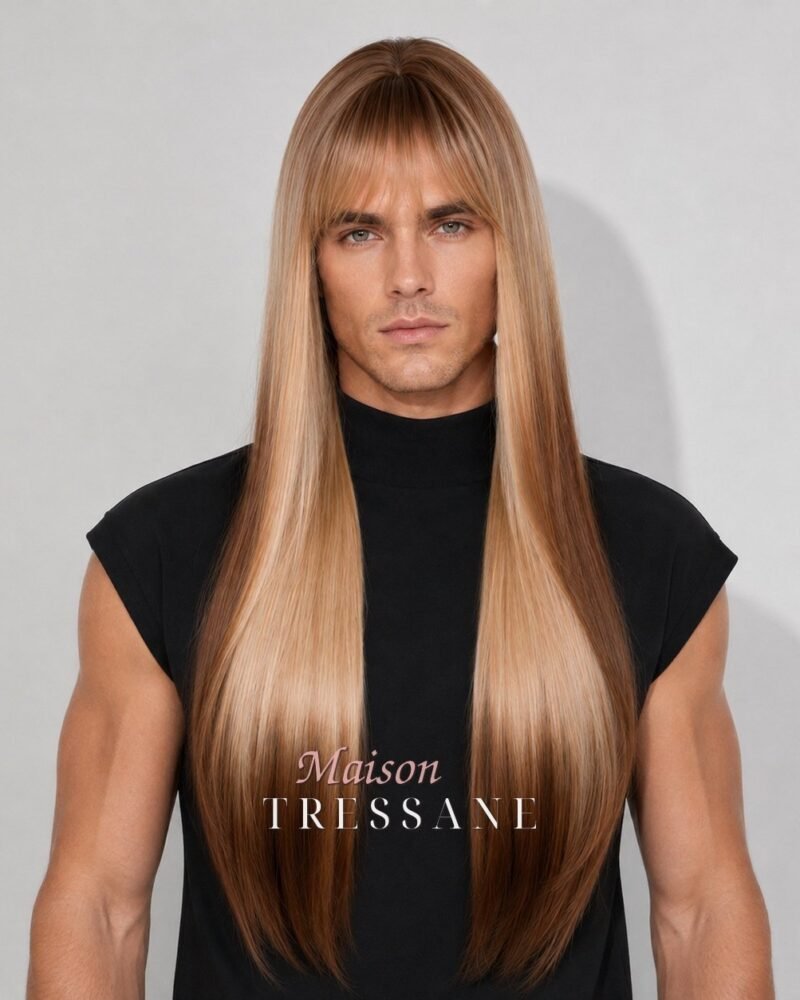 Perruque 60 cm — blond et miel ombré lisse — bonnet réglable 53-60 cm