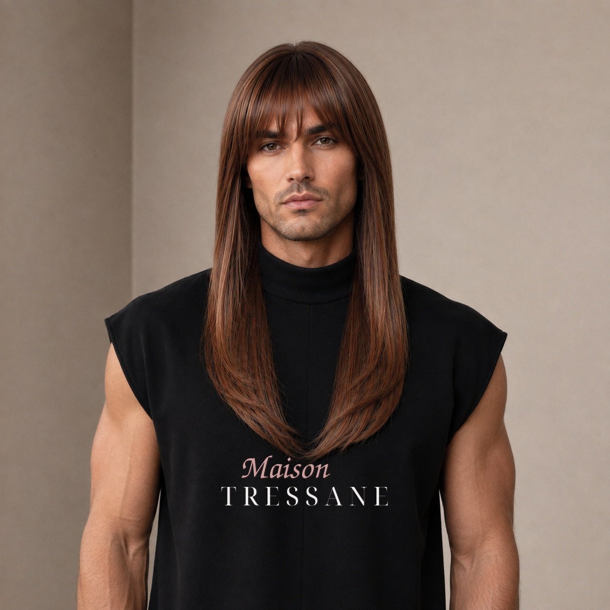 Perruque brun et chocolat 40 cm, lisse — bonnet réglable 53-60 cm