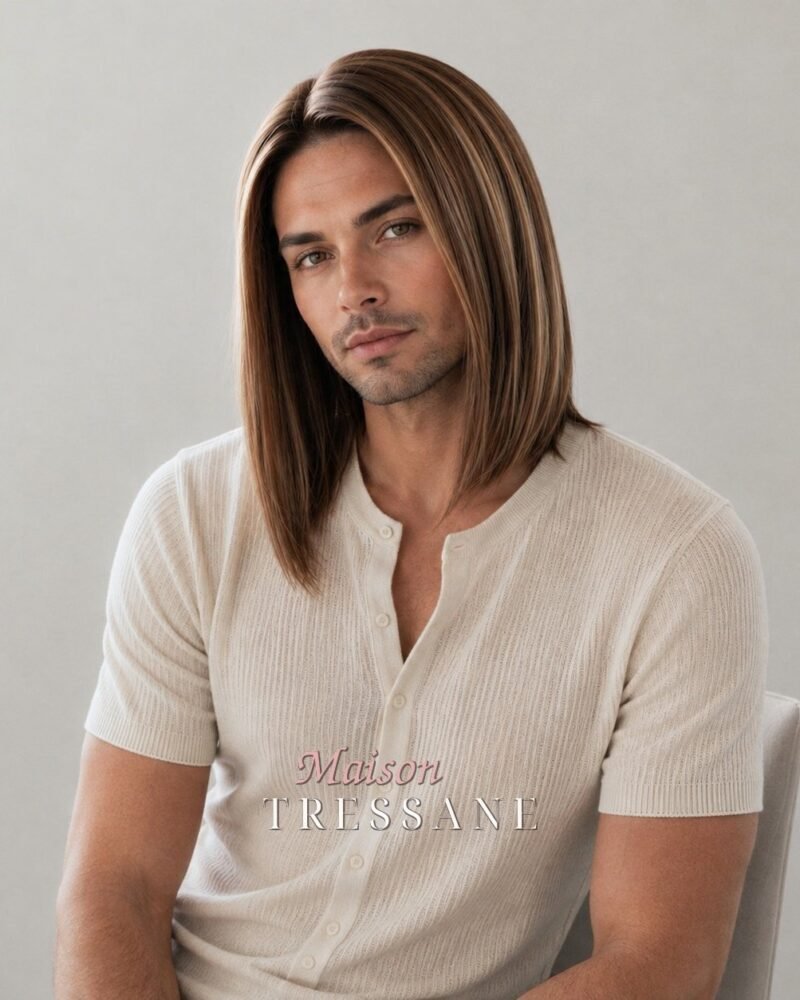 Perruque homme 30 cm — châtain à reflets blonds carré — lace front — Maison Tressane