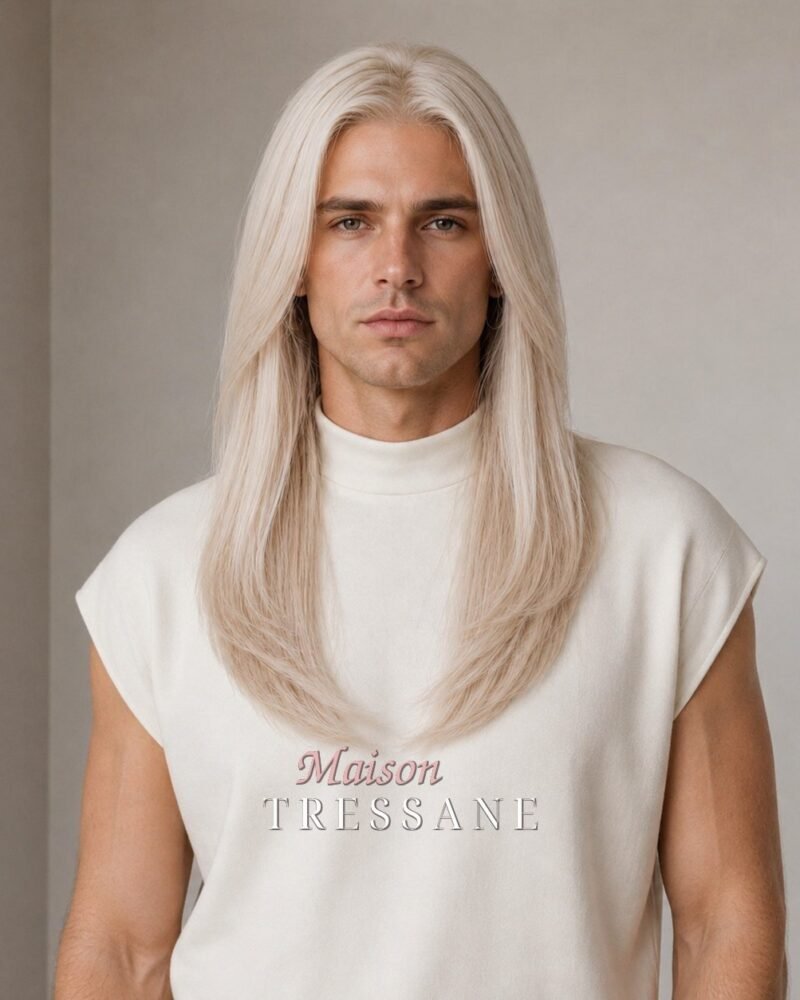 Perruque homme blond platine 50 cm, lisse — lace front — Maison Tressane