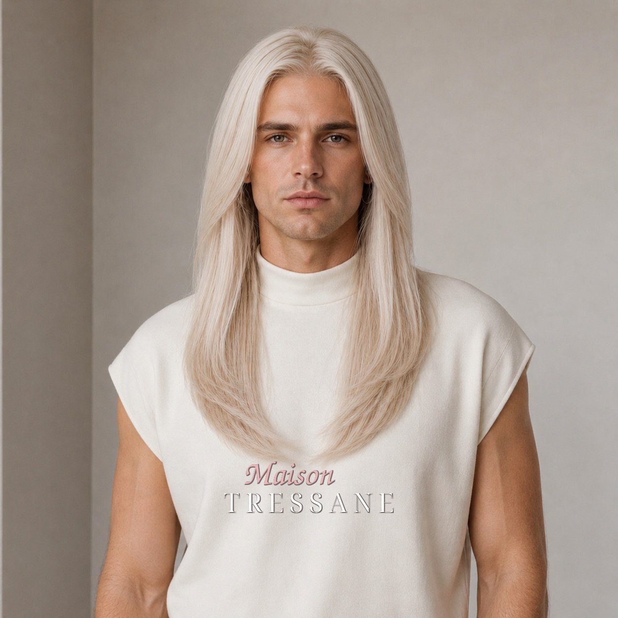 Perruque homme blond platine 50 cm, lisse — lace front — Maison Tressane