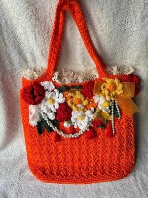 Sac handmade uncinetto arancione avec fiori 3D e perle – stile boho cottagecore