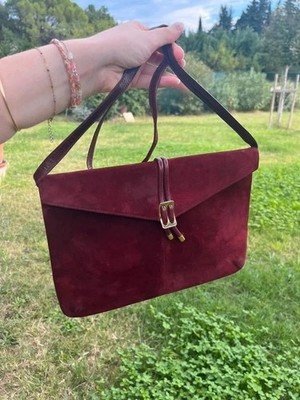 Sac à main bandoulière pochette bordeau doré vintage cuir suède vintage Charles