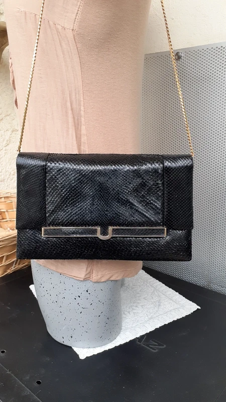 Sac pochette bandoulière cuir noir 1950/60