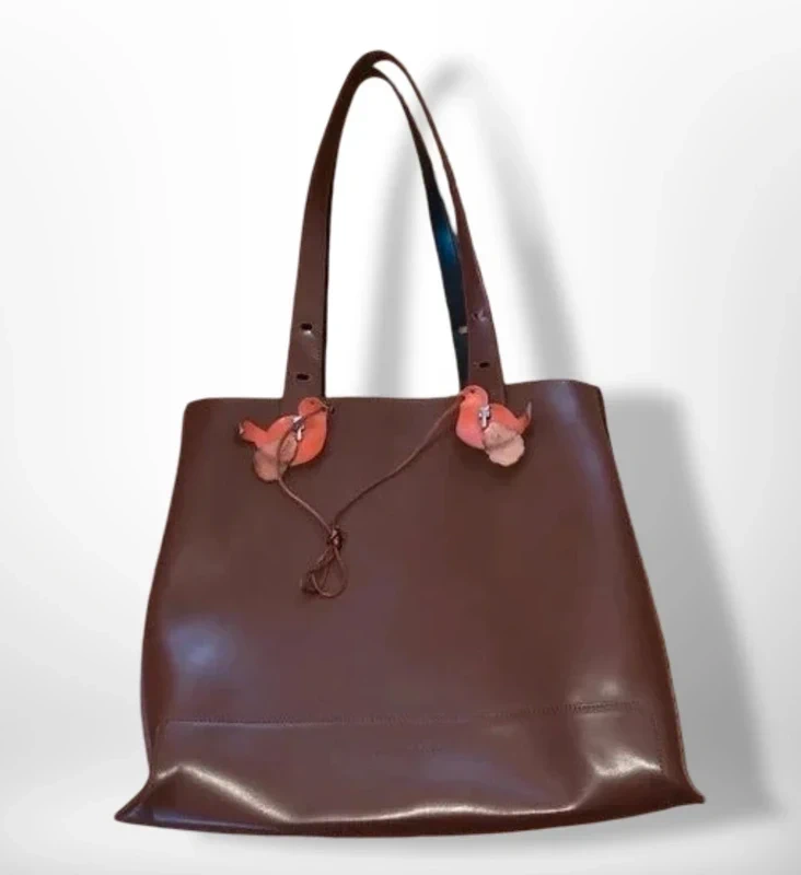 🤍Lamarthe Paris Cabas cuir véritable marron + plusieurs breloques Grand sac Tote