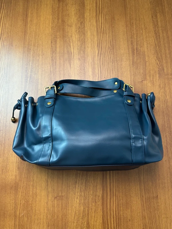 Sac à Main Vintage Bleu Boucles Dorées Cordons Latéraux Épaule Femme