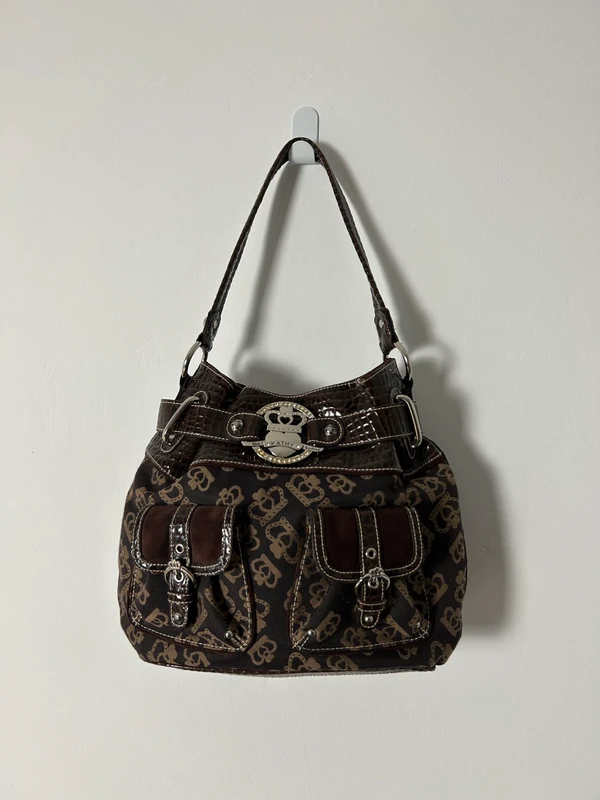 Sac Kathy Van Zeeland Marron Monogramme Couronne Effet Croco Poches Boucles Y2K