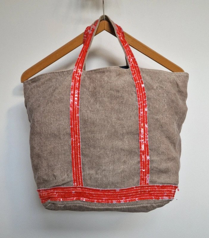 Sac cabas lin beige gris et sequins rose Vanessa Bruno