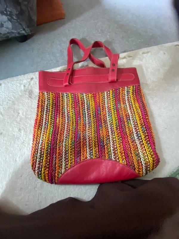 Sac cabas tressé multicolore & cuir corail
