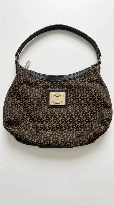 Mala de Ombro Vintage DKNY - Monograma em Castanho e Preto