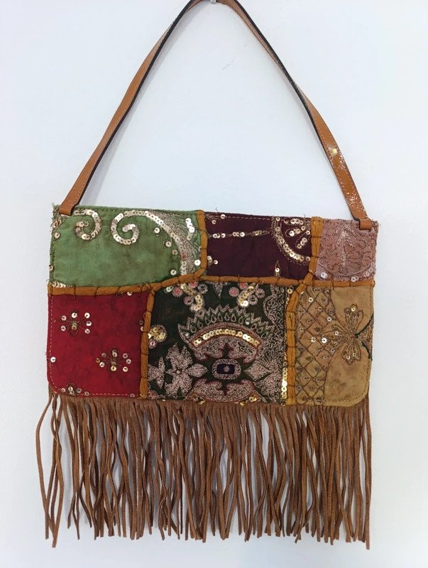 Sac à main FURLA vintage style bohème / Y2K en patchwork et franges