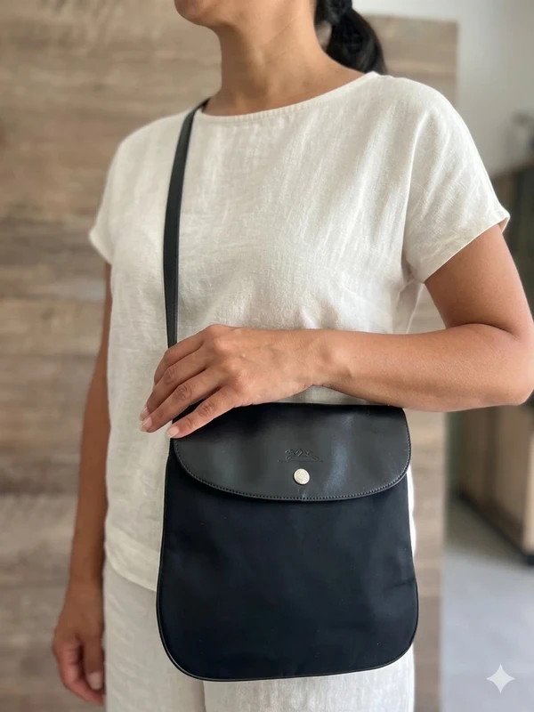 Sac bandoulière longchamp vintage noir - Toile & Cuir (Dimensions Précises