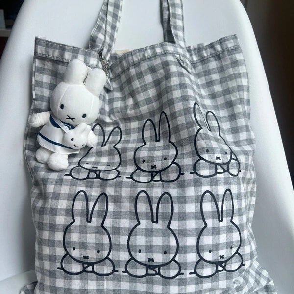 Sac en coton et lin délavé à carreaux gris Miffy