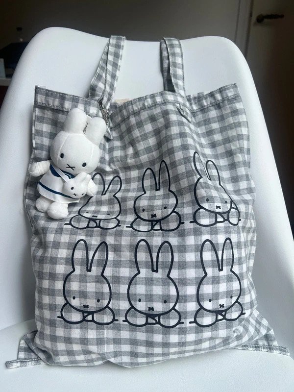 Sac en coton et lin délavé à carreaux gris Miffy