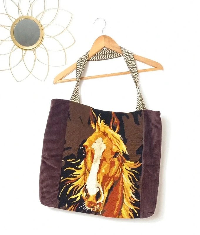 Grand sac cabas canevas cheval pièce unique upcyclée