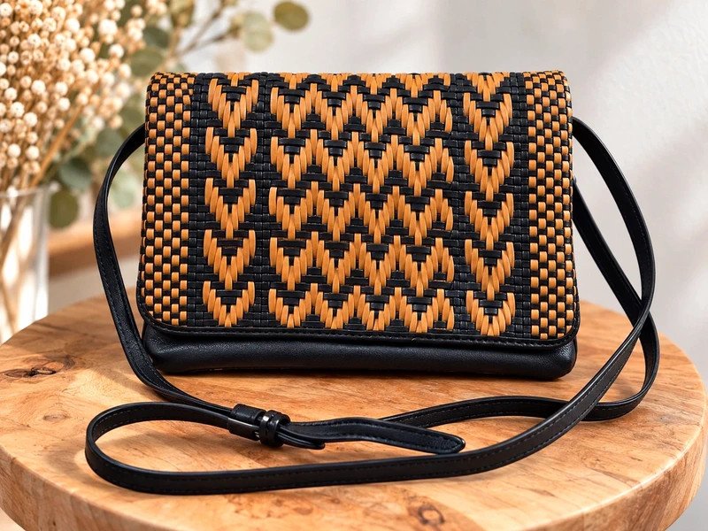 Sac pochette IKKS cuir tressé noir & camel – bandoulière – très bel état