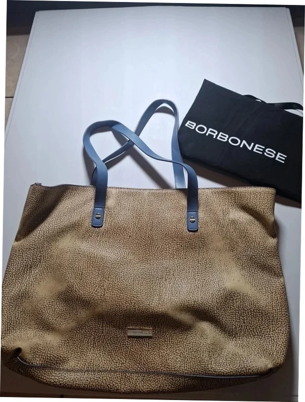 Sac Cabas Borbonese Motif Op Art Beige/Marron Anses Bleues - Grand Format