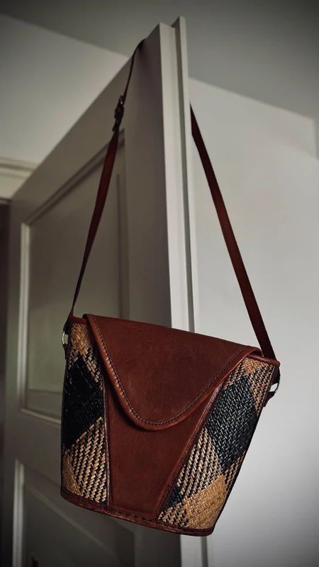 Vintage Handwoven Leather & Wicker Crossbody Bag