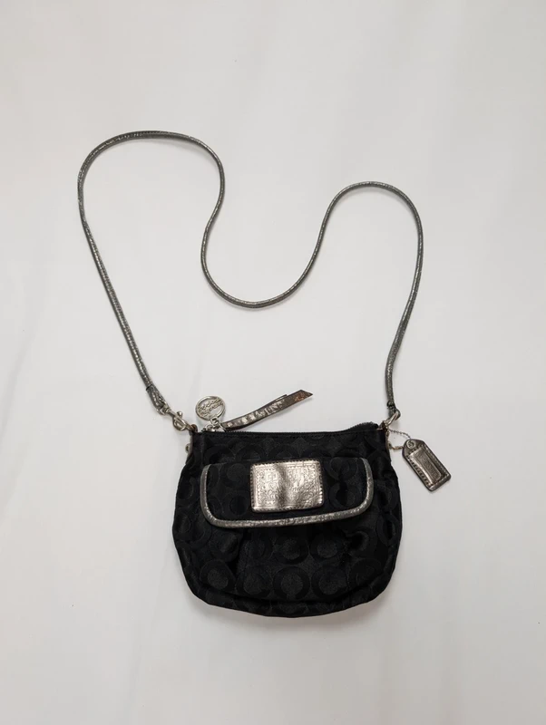 Sac Coach Poppy bandoulière noir toile jacquard monogramme argent