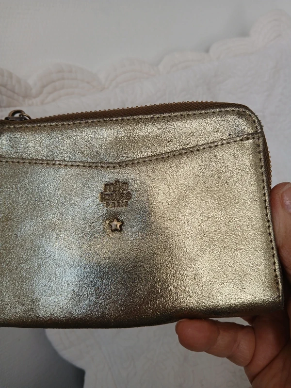 Porte-monnaie en Cuir doré, Cartes Bancaires, pièces d'identité, anneau clefs, M