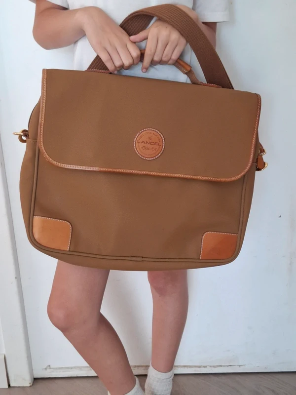 Sacoche Mallette ordinateur Lancel vintage en cuir et tissu marron
