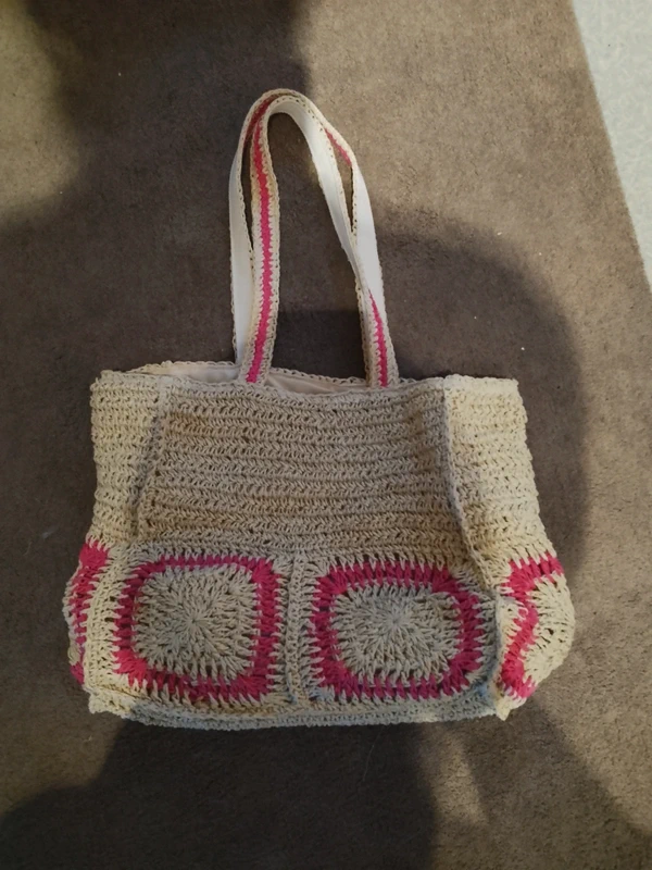 Grand sac en osier doublé beige et rose